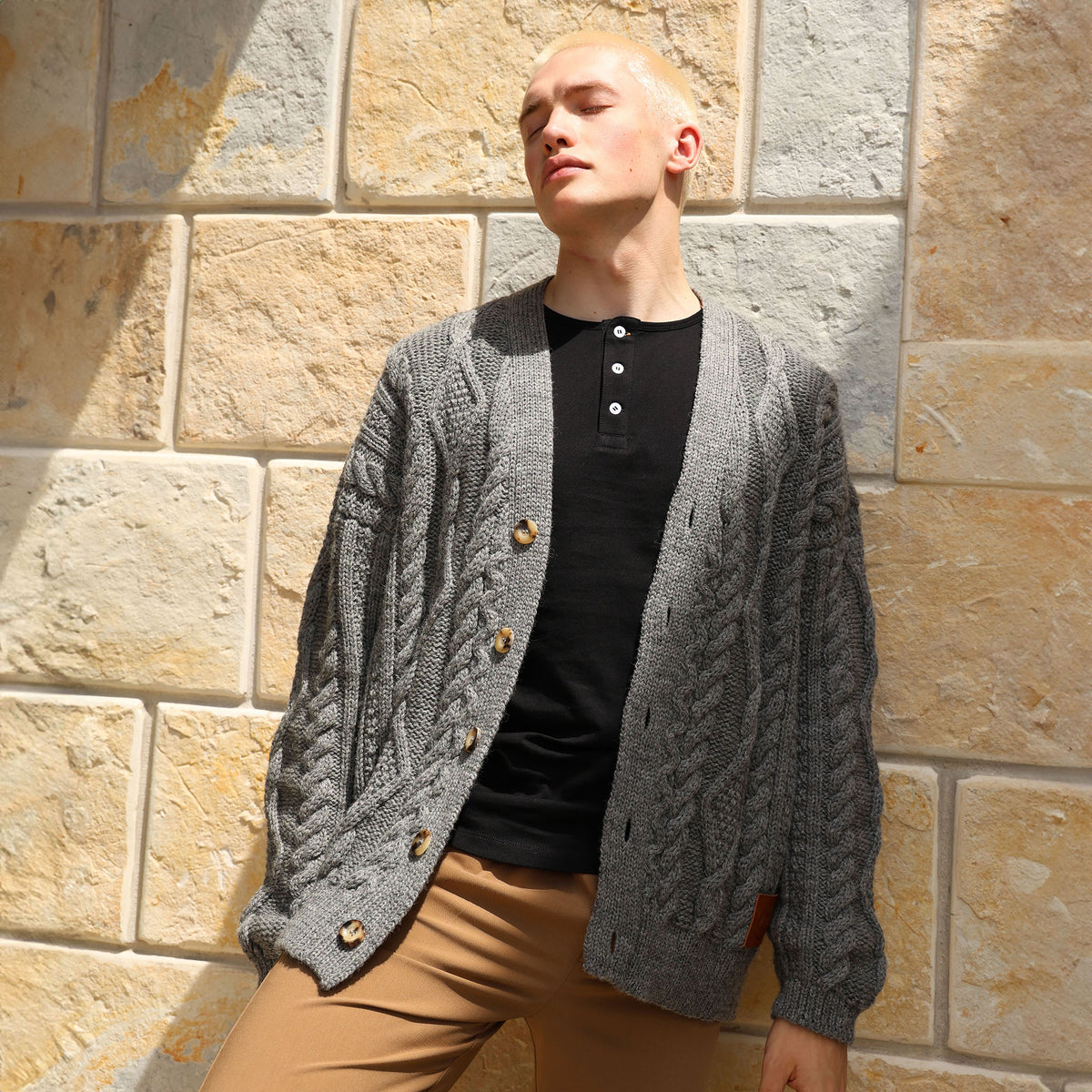 VG111G PURE WOOL ARAN CARDI IN GREY