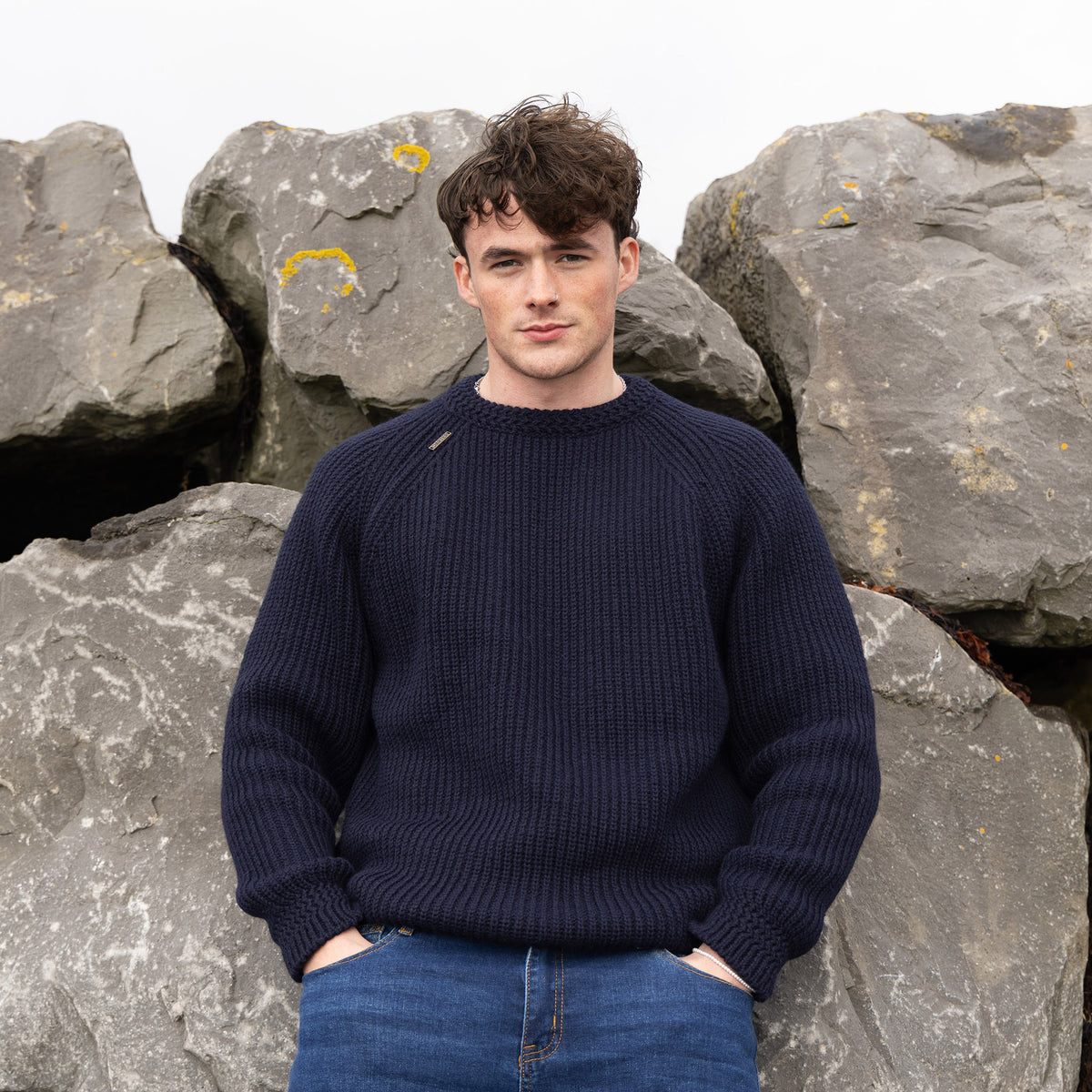 PK777N MERINO WOOL FISHERMANS RIB OVERSIZE JUMPER NAVY