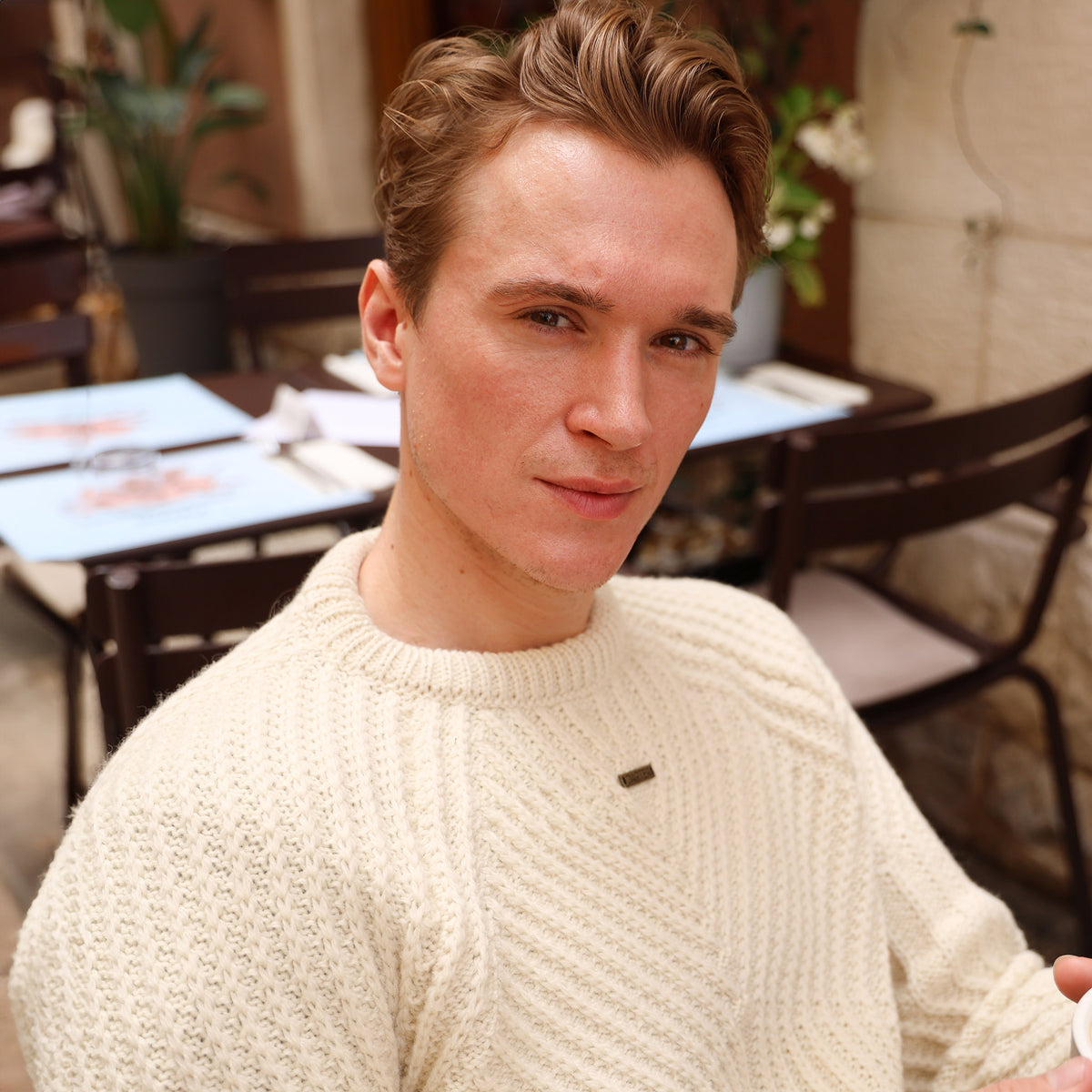 FM111C MERINO WOOL GEOMETRIC KNIT JUMPER CREAM