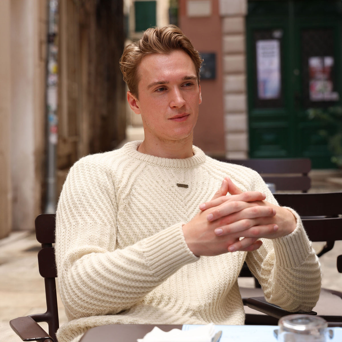 FM111C MERINO WOOL GEOMETRIC KNIT JUMPER CREAM