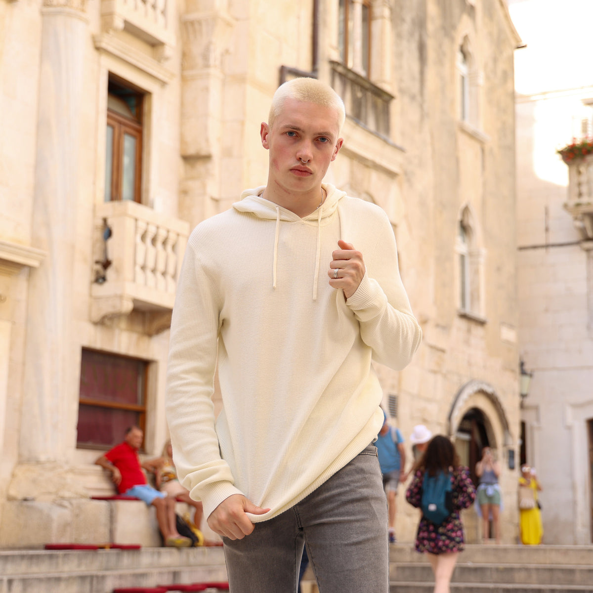 PB888C FINE KNIT COTTON HOODIE CREAM