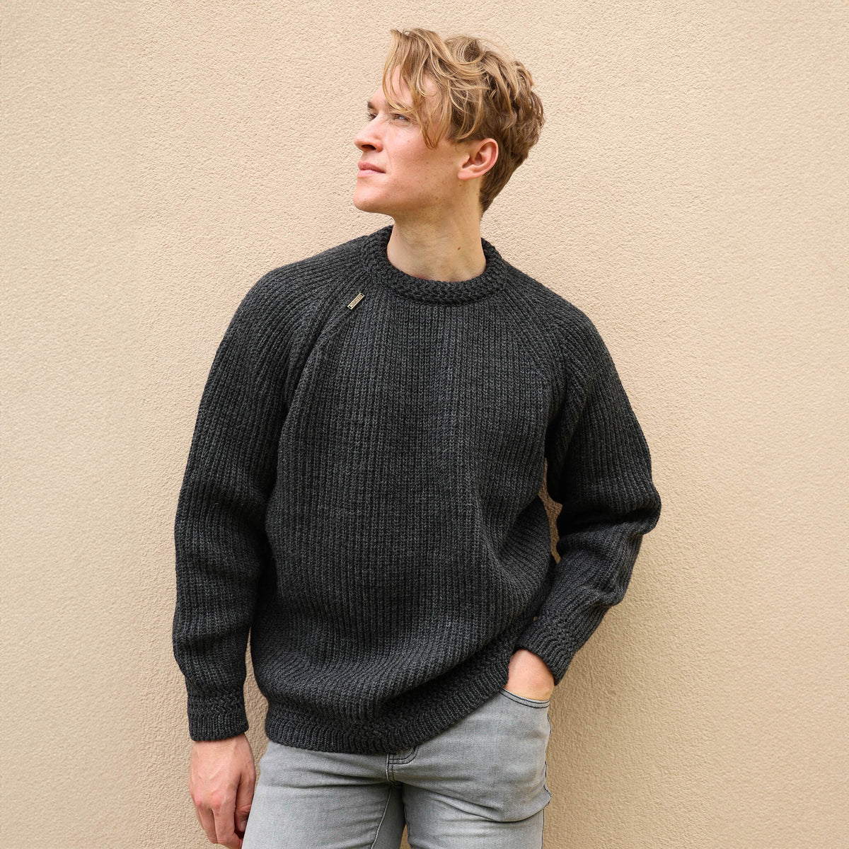 PK777CG MERINO WOOL FISHERMANS RIB OVERSIZE JUMPER CHARCOAL