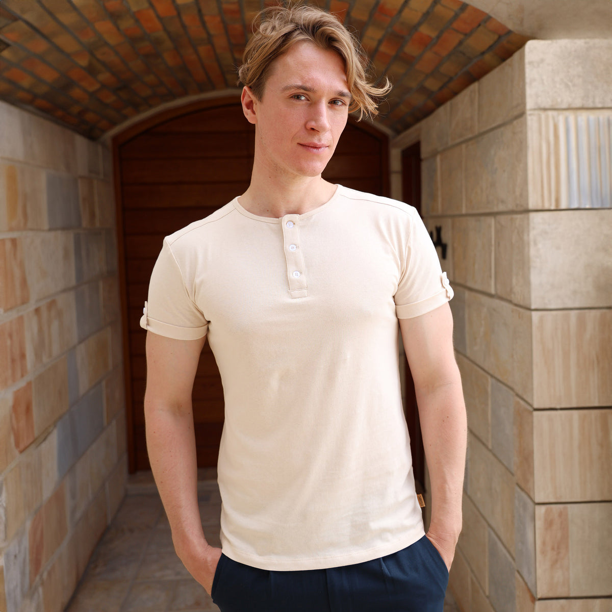 AW818BE JERSEY HENLEY TEE BEIGE
